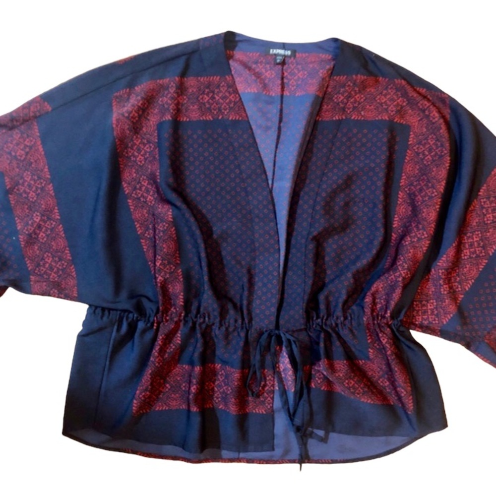 Express Navy & Red Print Kimono Tie Front Top